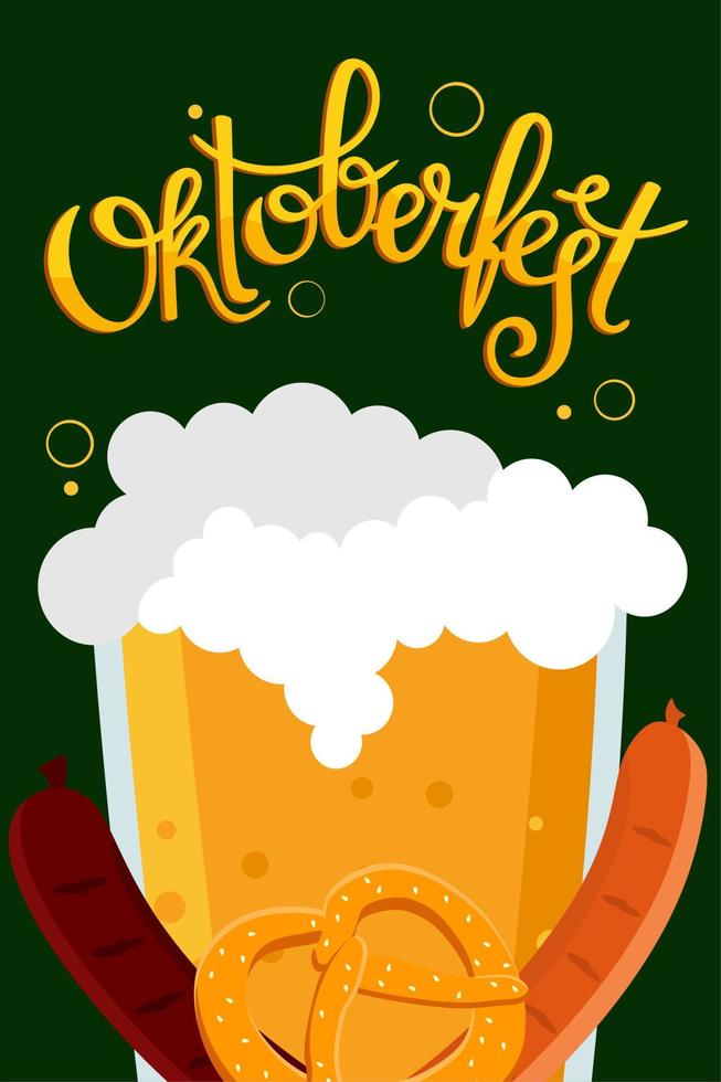 Oktoberfest banner. Handwritten inscription with the image of a beer mug with foam, pretzel and grilled sausage. vector