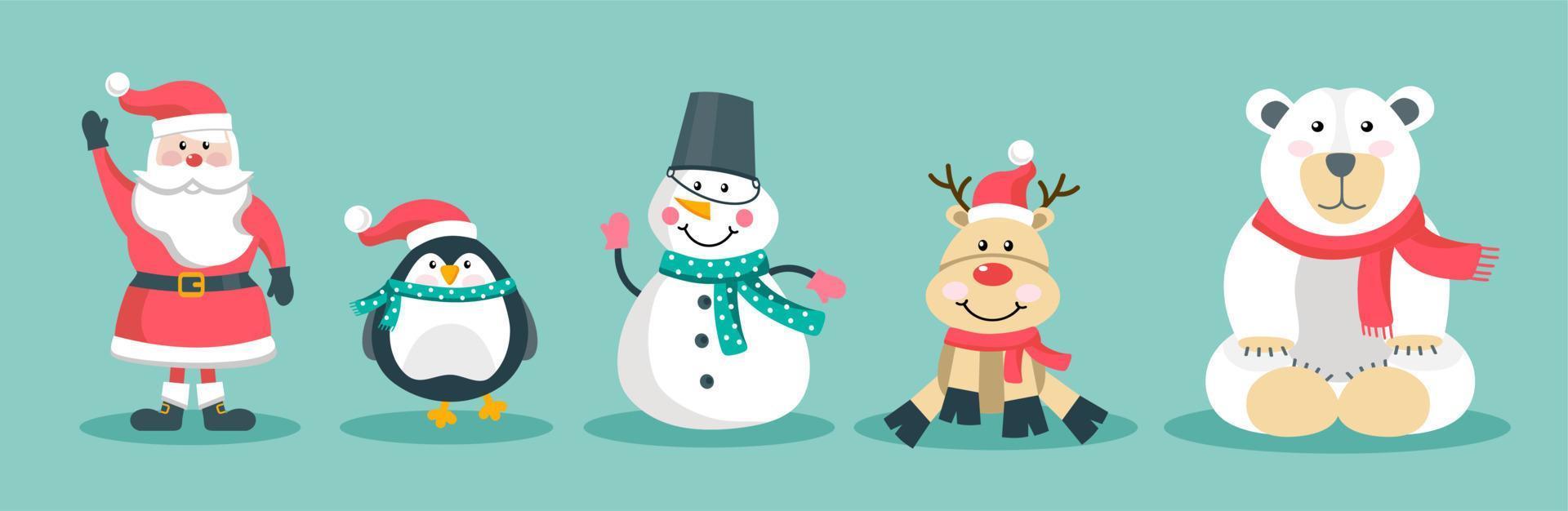 Funny Christmas characters set of Santa, snowman, deer, penguin, bear, in a hat and scarf. Vector illustration in a flat style. The concept of Christmas and New Year.