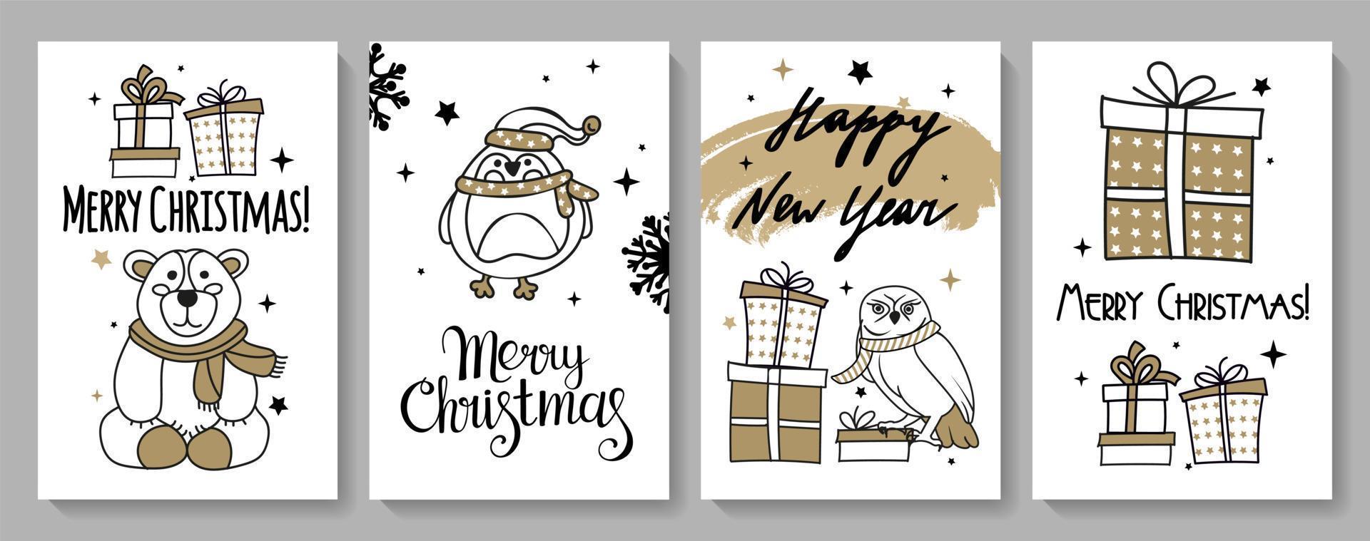 tarjetas navideñas con personajes. en un estilo moderno y color negro y dorado. para tarjetas, pegatinas, adhesivos, estampados para textiles y souvenirs. ilustración vectorial vector