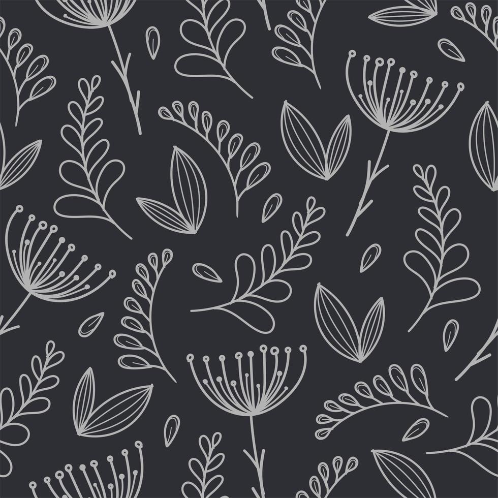 A pattern of plants and flowers on a dark gray background. For wedding invitations, postcards, posters, labels of cosmetics and perfumes. vector