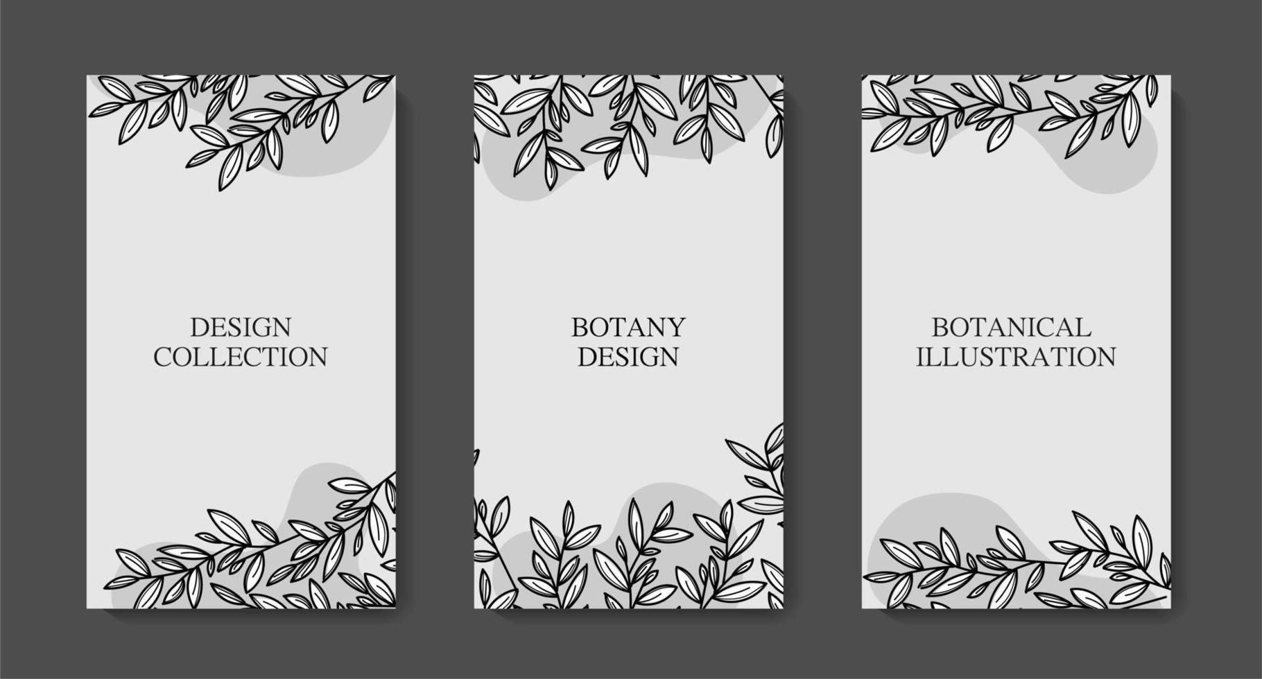 coloque postales de pancarta pegatinas de estilo vegetal con hojas y ramas en blanco y negro. para invitaciones de boda, postales, carteles, etiquetas de cosméticos y perfumes, papel de embalaje. vector