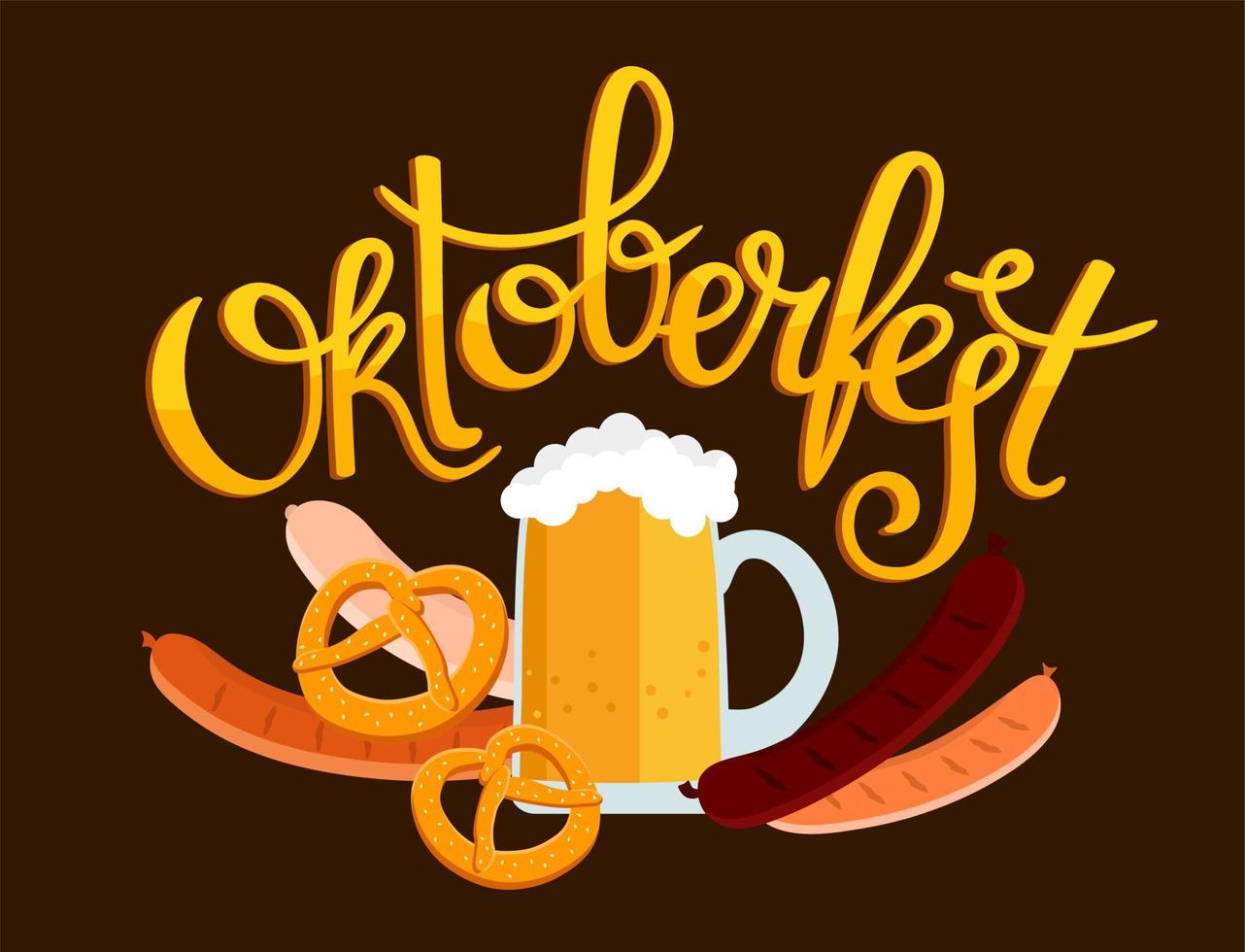 Oktoberfest banner. Handwritten inscription with the image of a beer mug with foam, pretzel and grilled sausage. vector