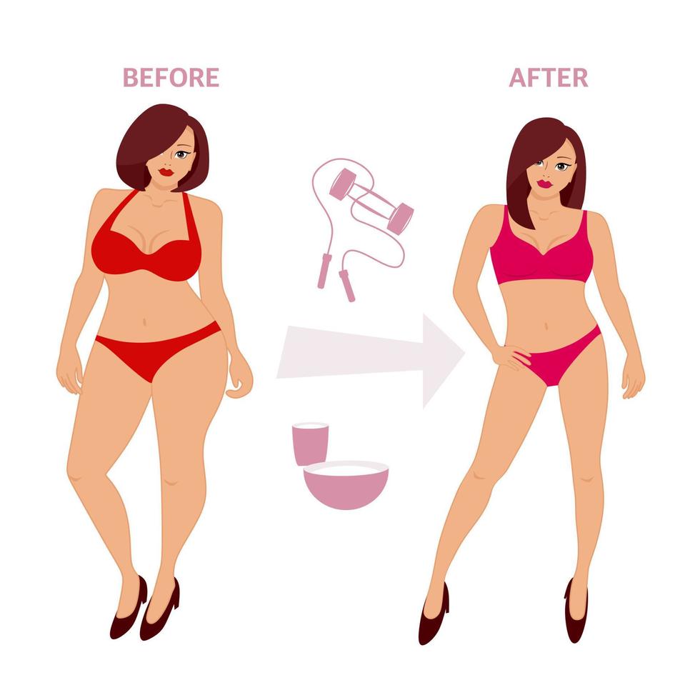 A woman who was able to lose weight. Before and after. The concept of body positivity and diet. vector