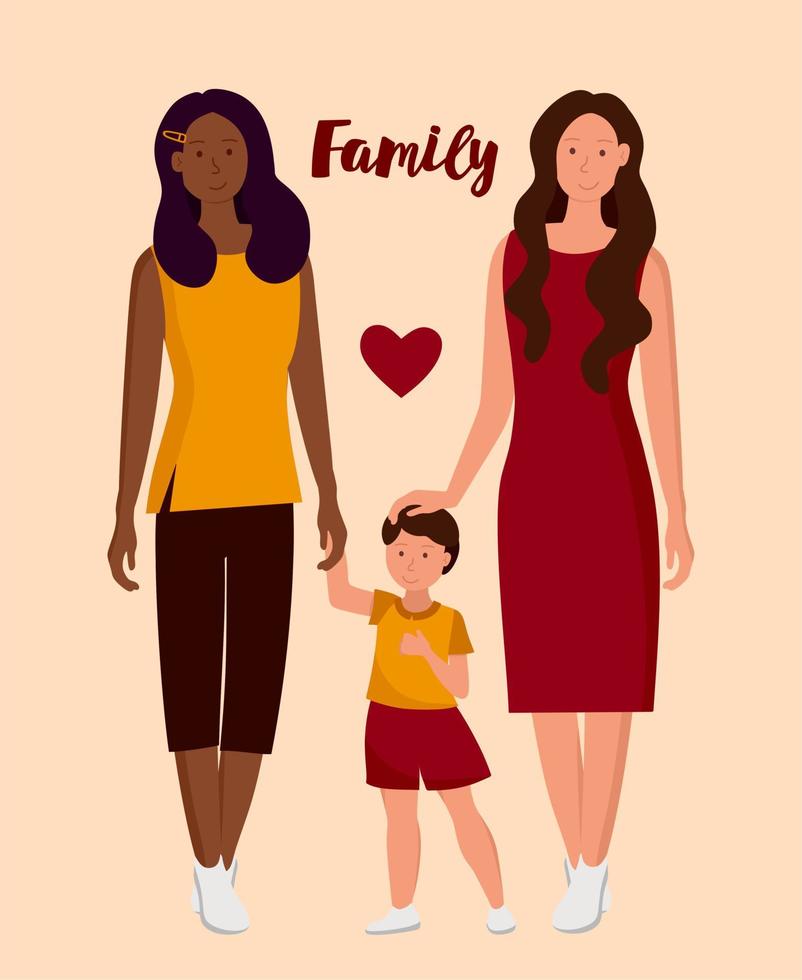 A family of lesbian women with a son. LGBT family. vector