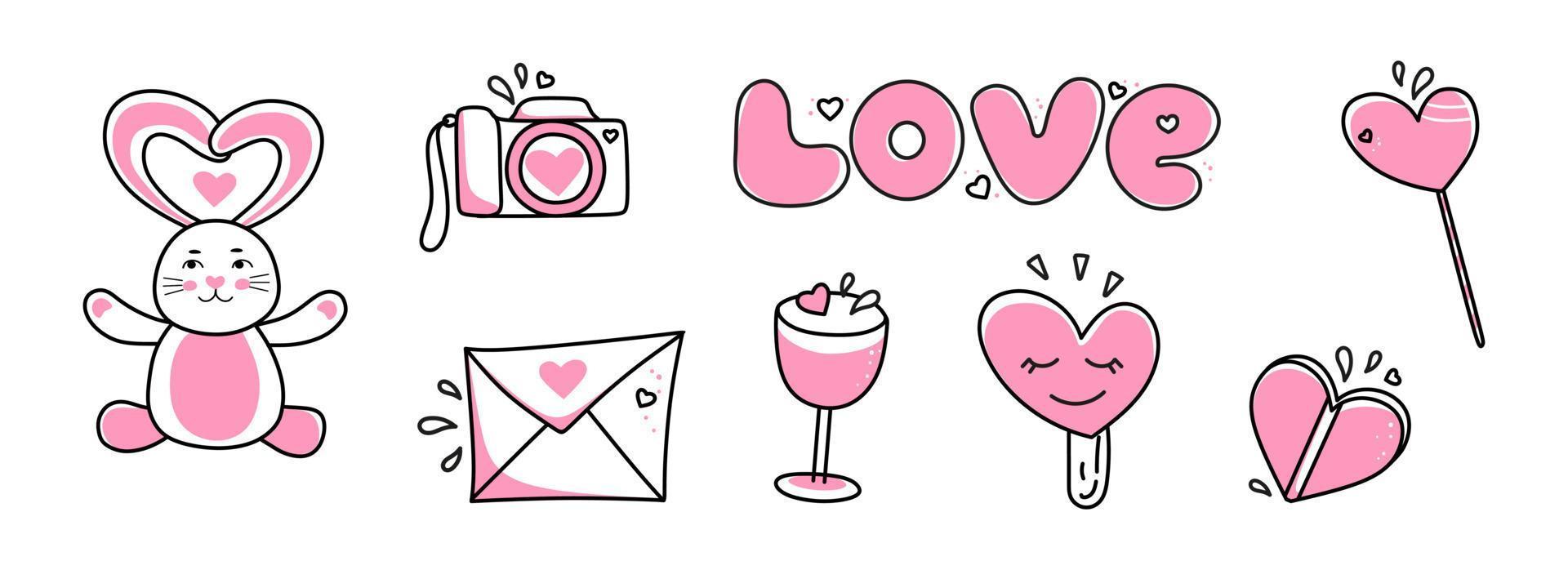 Vector set for Valentines Day. Hand-drawn love symbols in a linear style. Isolated on a white background.