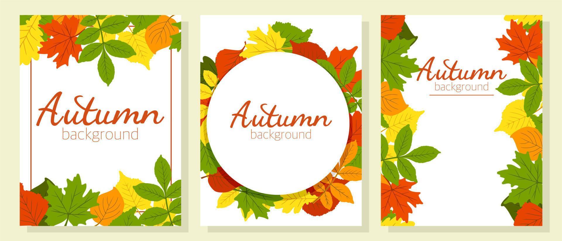 Poster fashionable on the autumn theme. The leaves are oak, birch, aspen, maple. Space for copying. Applicable for printing, posters, postcards, websites. Vector illustration.