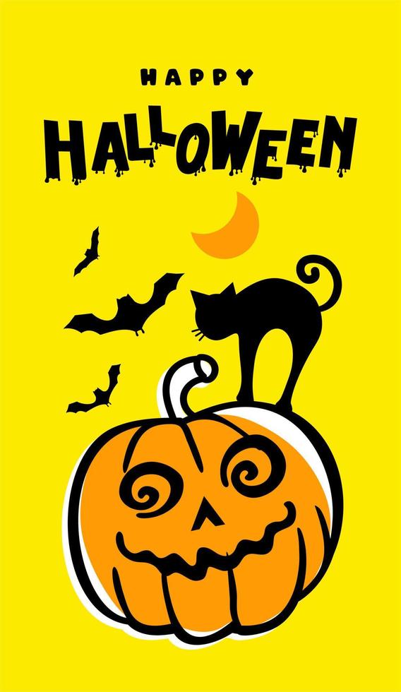 Halloween. A poster for the celebration of Halloween with ghosts, pumpkins, a black cat and bats on an orange background. For use in web design, postcards, posters, printing. Vector illustration.