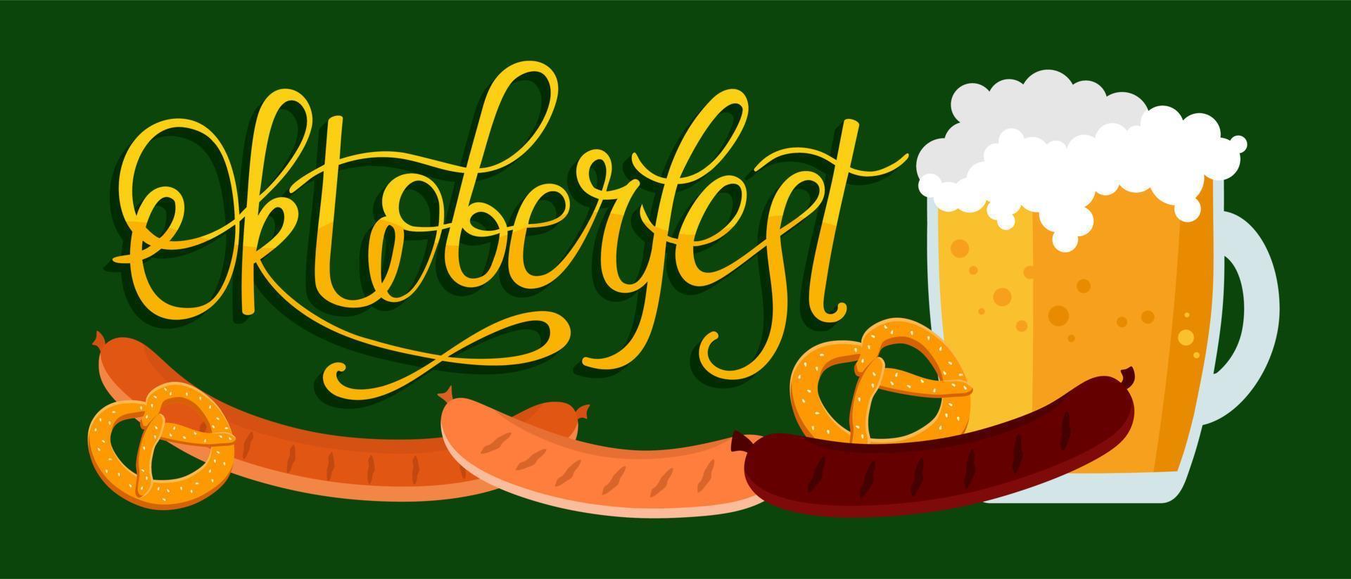 Oktoberfest banner. Handwritten inscription with the image of a beer mug with foam, pretzel and grilled sausage. vector
