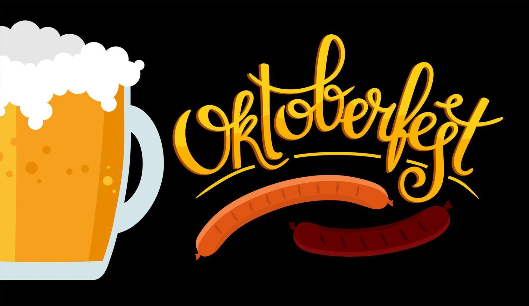 Oktoberfest banner. Handwritten inscription with the image of a beer mug with foam, pretzel and grilled sausage. vector