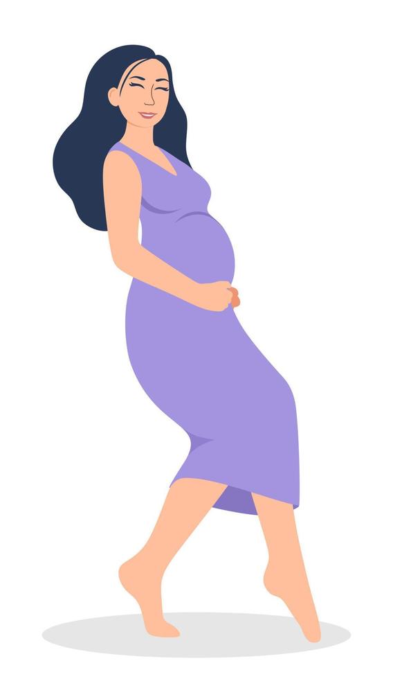 Pregnancy. A modern poster with a cute pregnant woman in a purple dress. vector