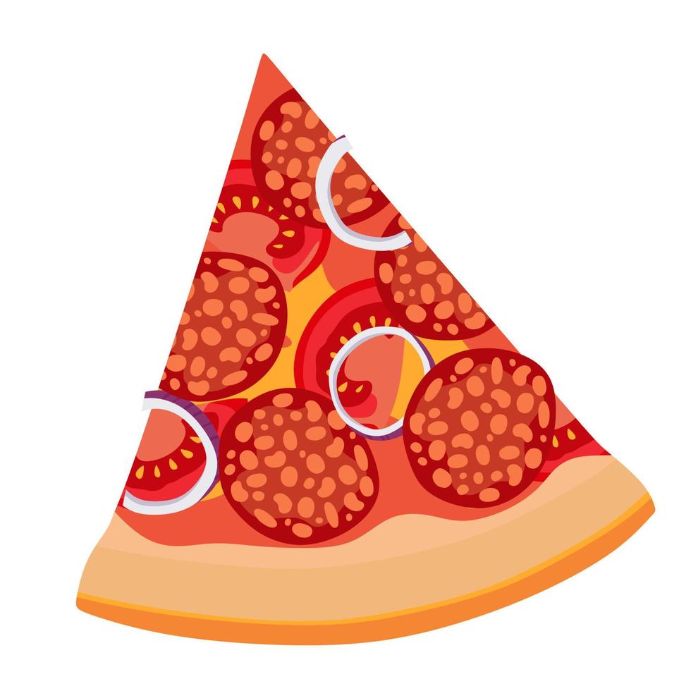 una rebanada de pizza con salami cebollas y tomates. ilustración vectorial un concepto para pegatinas, afiches, postales, sitios web y aplicaciones móviles. vector