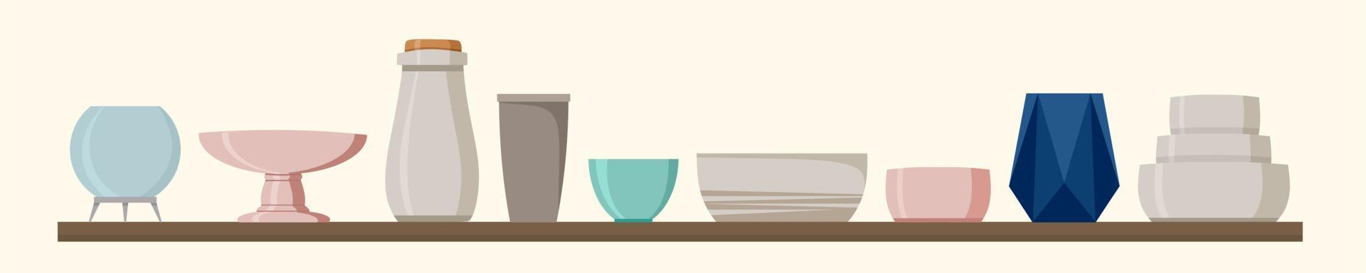 Ceramic tableware on the shelf set. Vector illustration