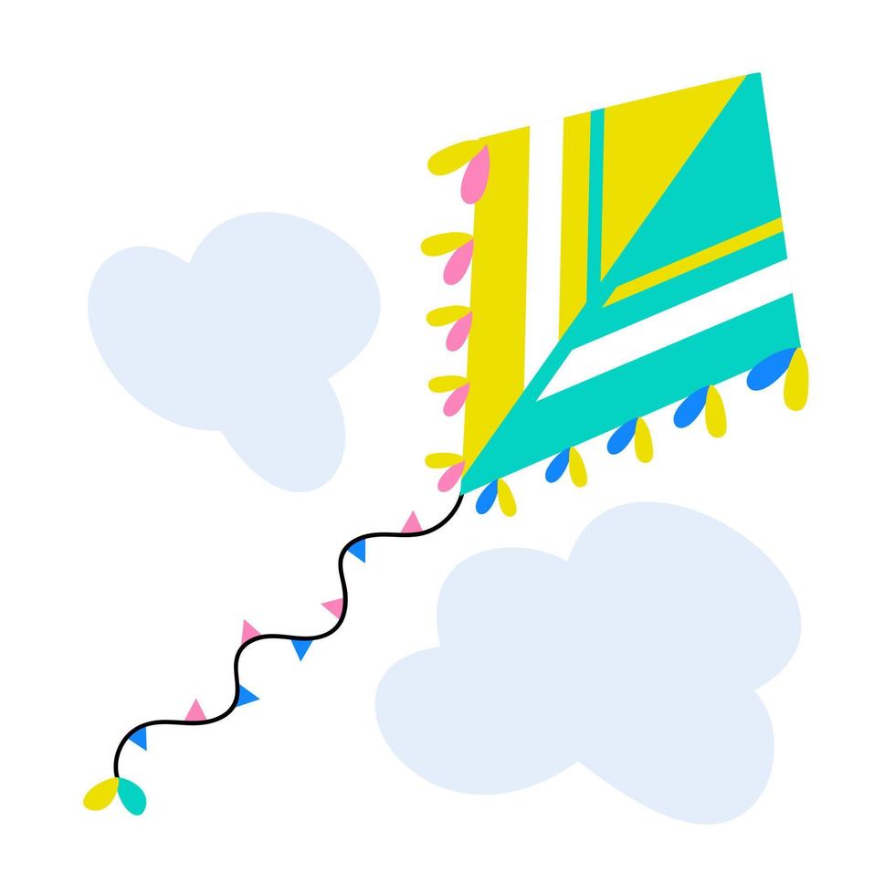 Colorful kite on a white isolated background with clouds. Vector illustration.