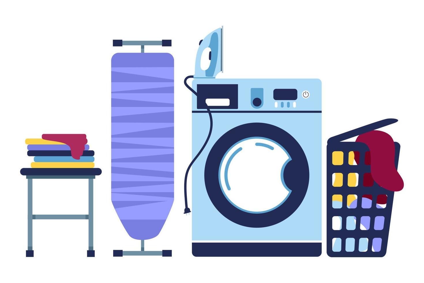 Laundry room. Washing in the washing machine. Ironing of linen. Vector illustration.