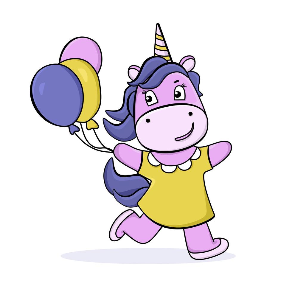 Funny unicorn with balloons. Cute cartoon character. For postcards, posters, book illustrations. Vector illustration in a flat style.