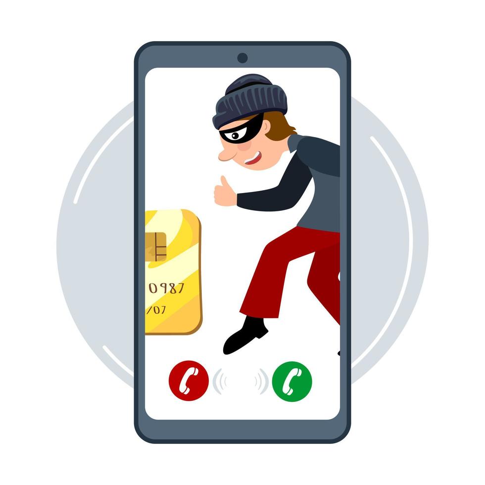 Online fraud. A criminal, a robber in a black mask steal personal information from a computer. The concept of internet activity or security hacking. Cartoon vector illustration.