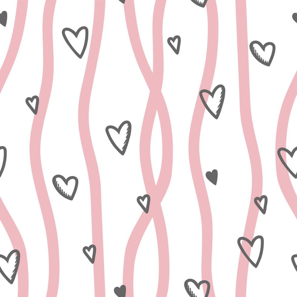 Seamless pattern in hearts and vertical stripes. Use on Valentines Day on textiles, wrapping paper, backgrounds, souvenirs. Vector illustration