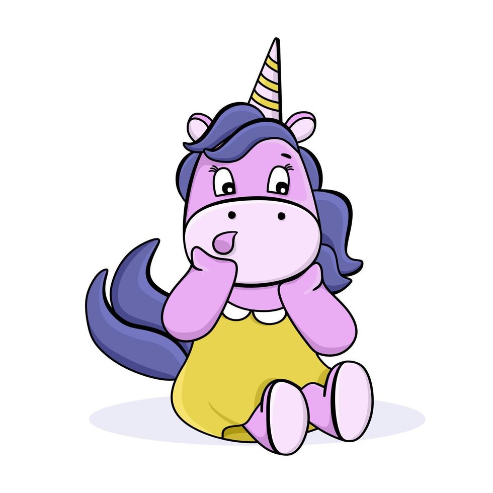 Funny unicorn. Cute cartoon surprised character. For postcards, posters, book illustrations. Vector illustration in a flat style.