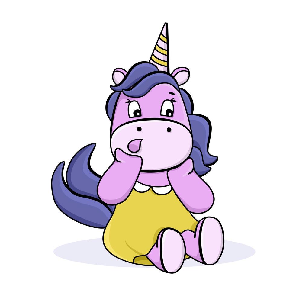 unicornio divertido. lindo personaje sorprendido de dibujos animados. para postales, carteles, ilustraciones de libros. ilustración vectorial en un estilo plano. vector