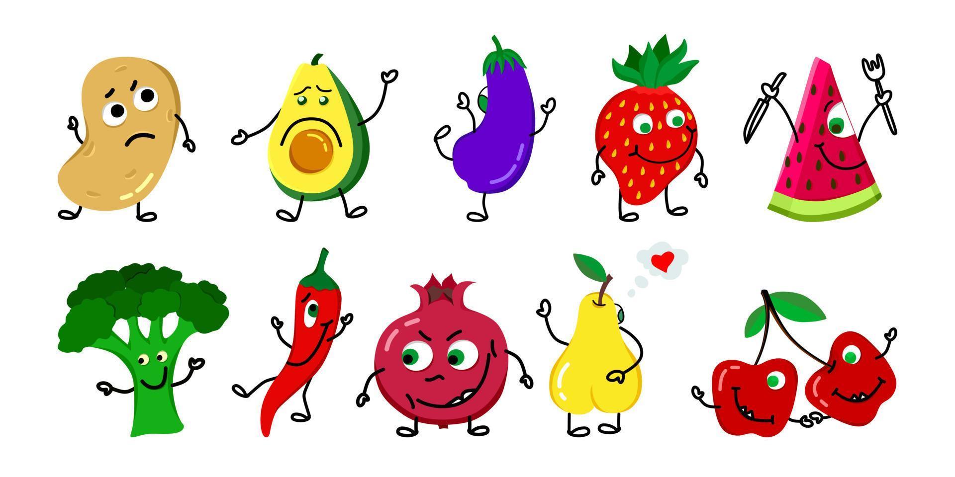 Funny fruits and vegetables with hands and feet set. Vector illustration.