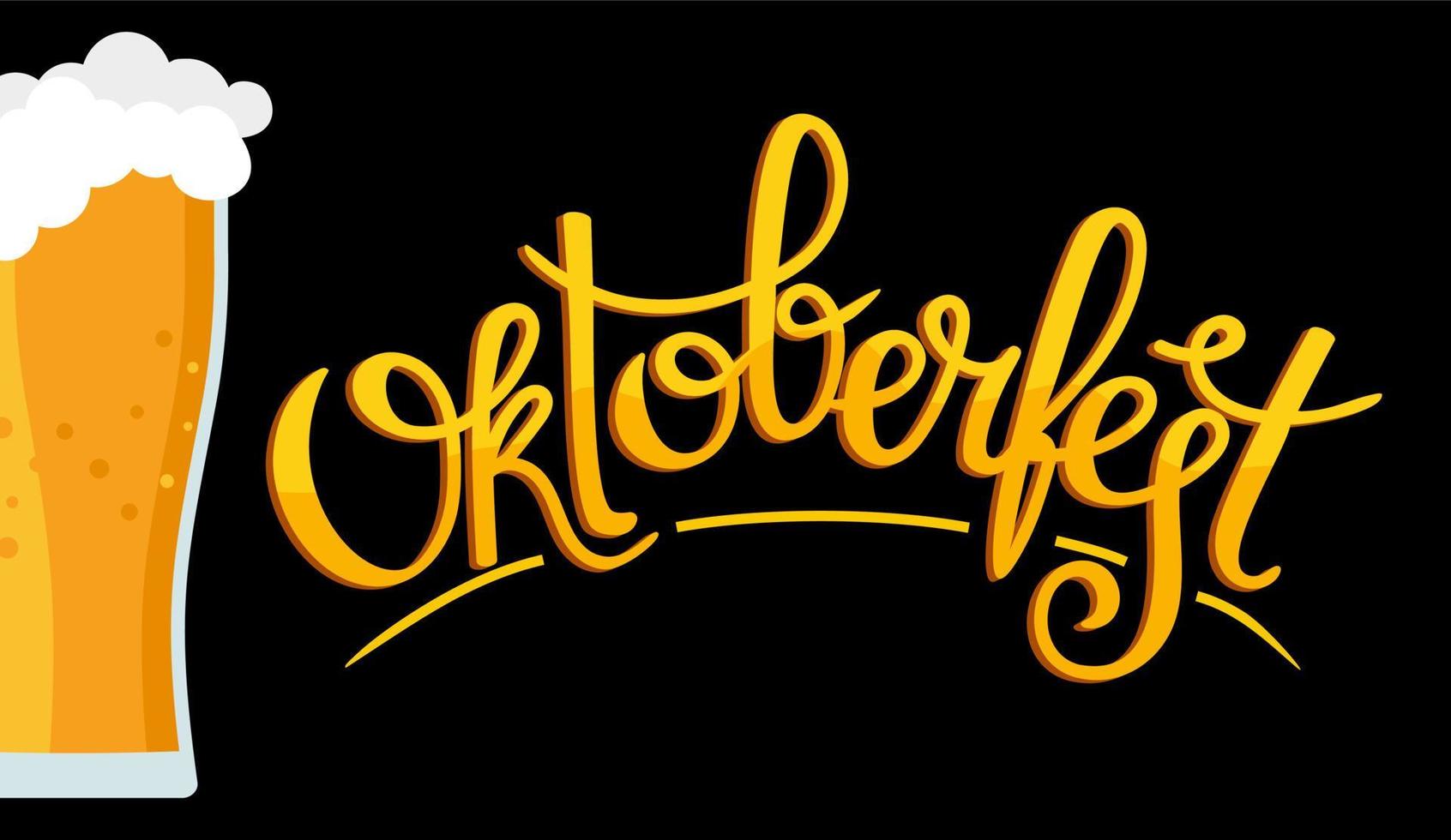 Oktoberfest banner. Handwritten inscription with the image of a beer mug with foam, pretzel and grilled sausage. vector