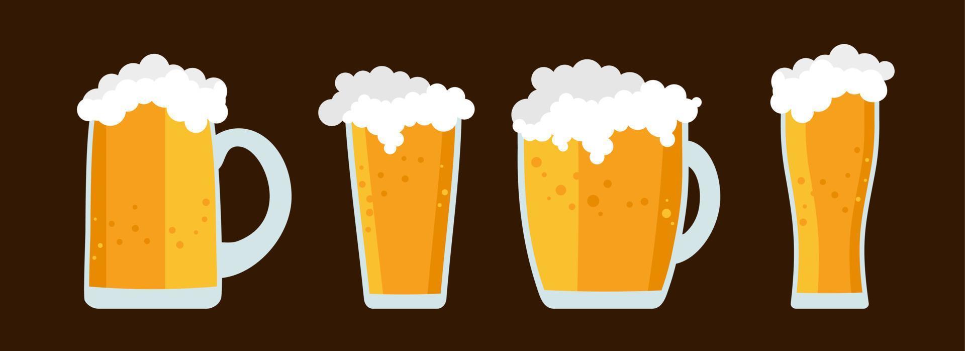 Beer in glasses set of 4 pieces. The illustration is vector in a flat style.