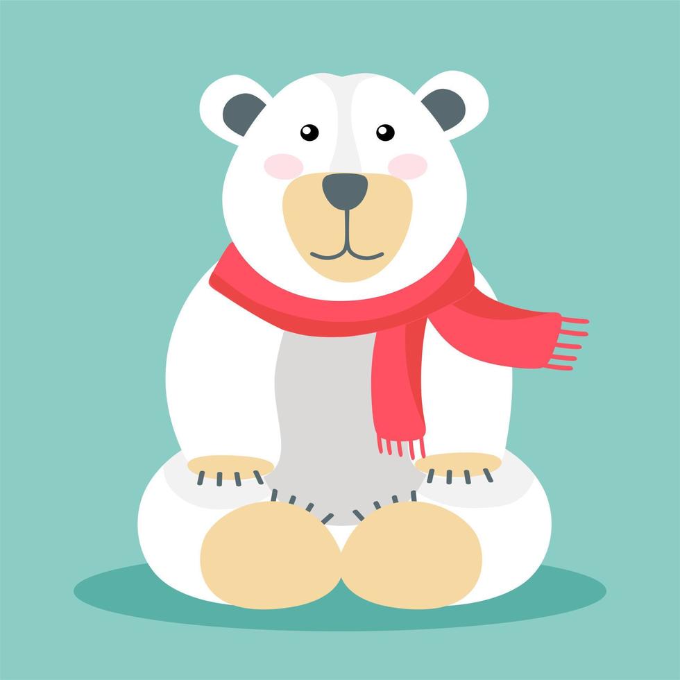 The polar bear is funny, in a hat and scarf. Vector illustration in a flat style. The concept of Christmas and New Year.