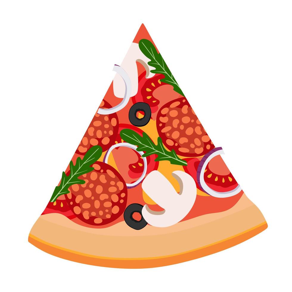 A slice of pizza with salami onions tomatoes and olives. Vector illustration. A concept for stickers, posters, postcards, websites and mobile applications.