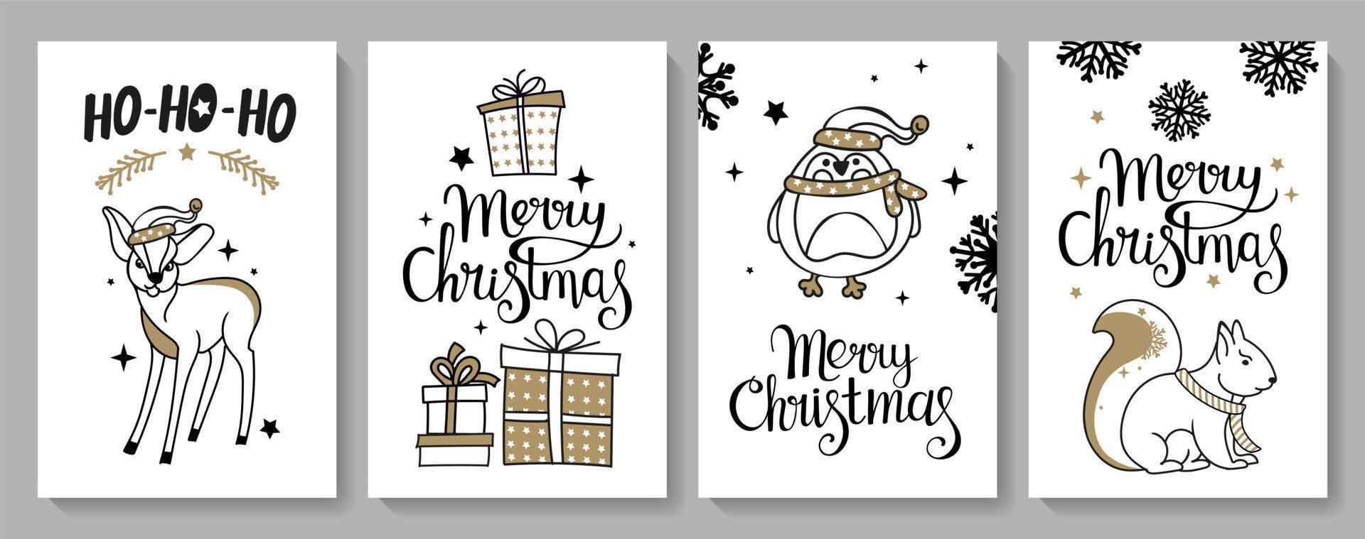 Christmas cards with characters. In a modern style and black and gold color. For cards, stickers, stickers, prints for textiles and souvenirs. vector illustration