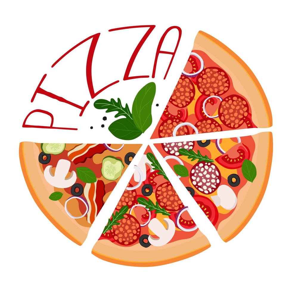 Pizza 4 slices in a circle with an inscription. For use on textiles, packaging paper, souvenirs, printing, posters, postcards. vector