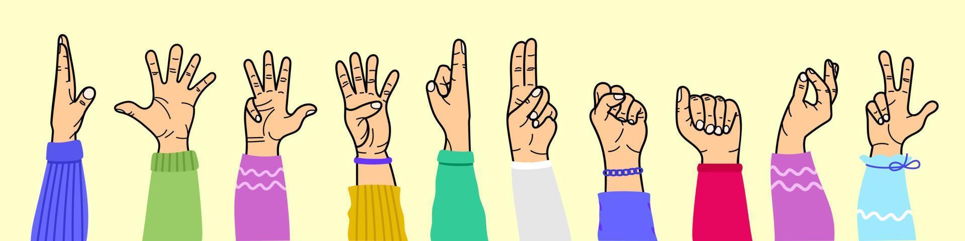 Hands with different gestures and different colors of the net. For use on textiles, packaging paper, souvenirs, printing, posters, postcards. vector