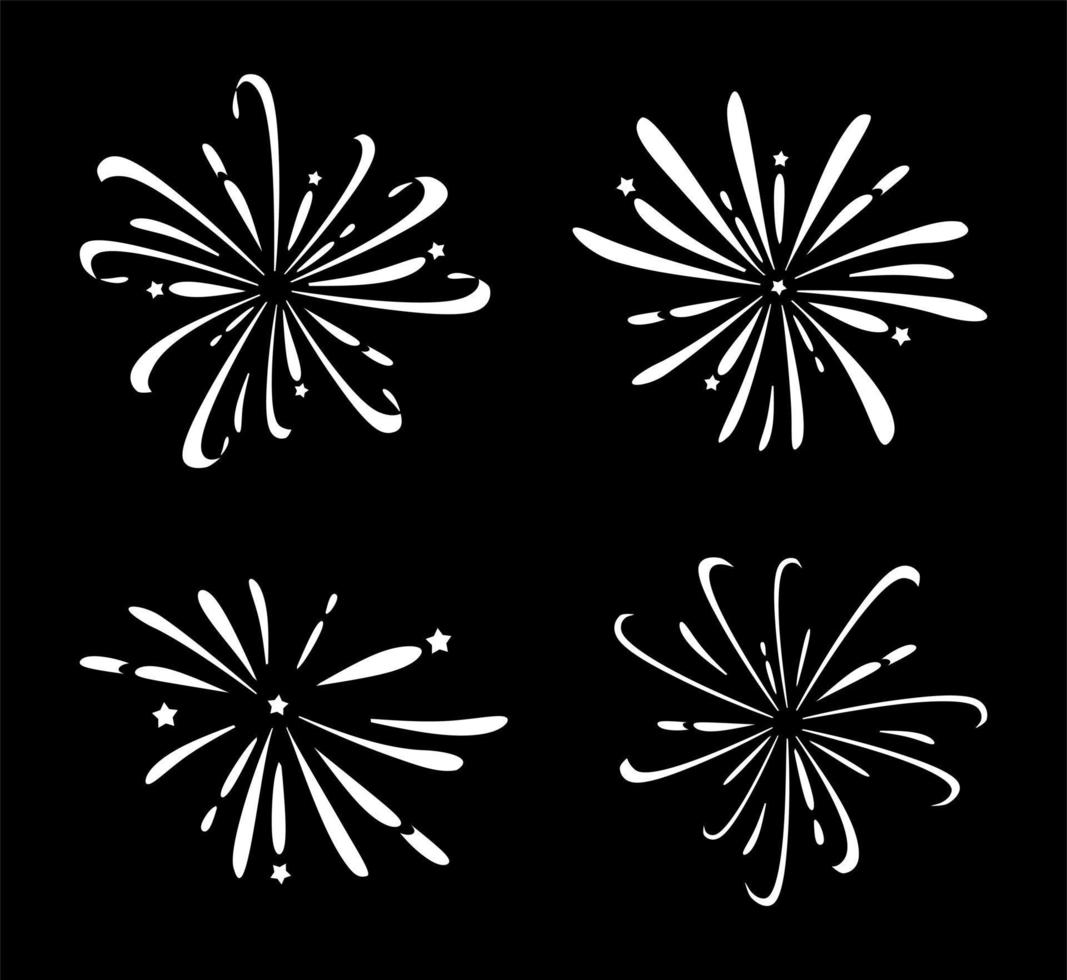 los fuegos artificiales son blancos sobre un fondo negro. un conjunto de fuegos artificiales festivos. vector