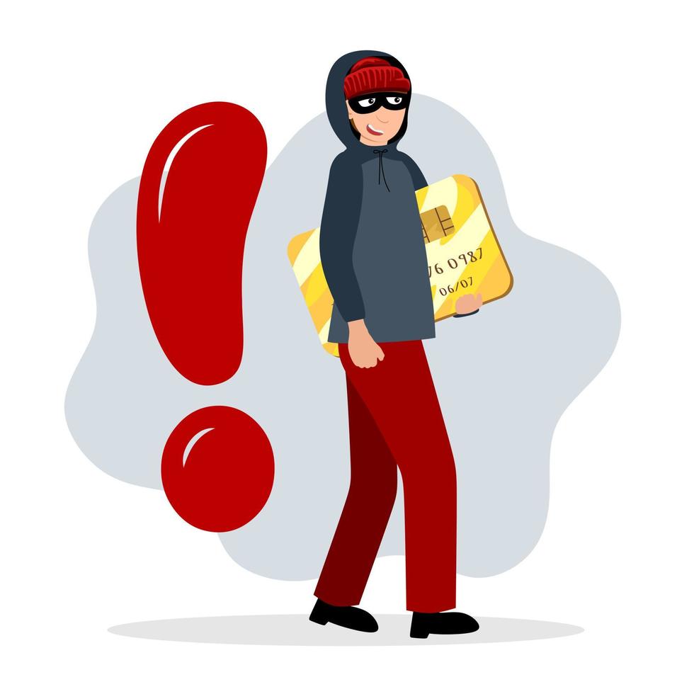 Online fraud. Cyber thief steals money, credit card details. Flat vector cartoon illustration.