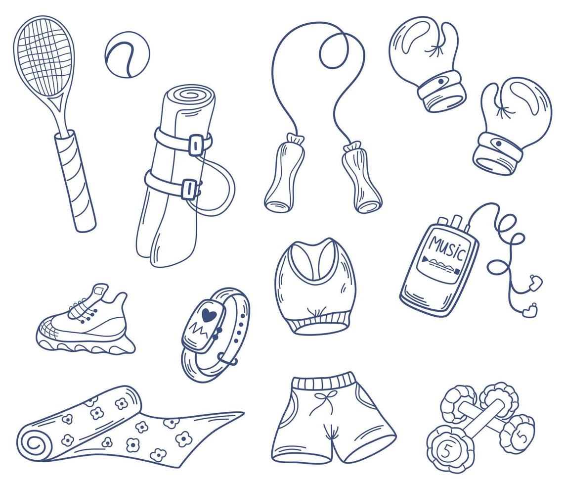 Sport equipment set. Different Fitness inventory, gym accessories. Healthy lifestyle concept. Hand drawn modern Vector illustrations isolated outline art