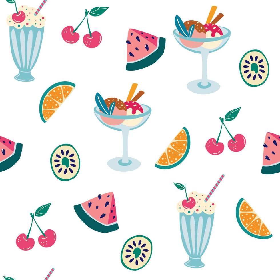 postre de patrones sin fisuras. fondo de verano. cereza, helado, rodaja de sandía, lima y kiwi. deliciosa comida dulce. perfecto para impresión, menús y restaurantes, textiles, papel de regalo. vector