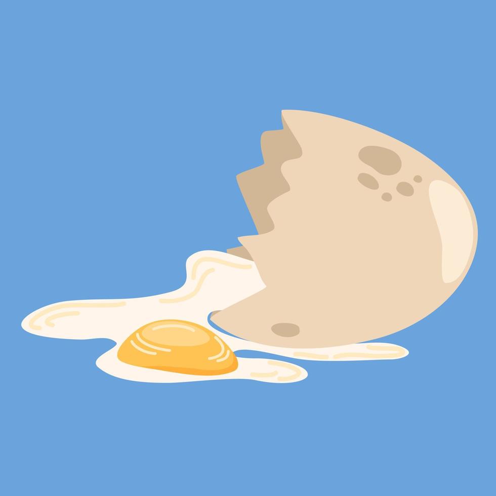 Broken egg. Cracked egg with shell and yolk isolated on blue background. Hand drawn vector illustration