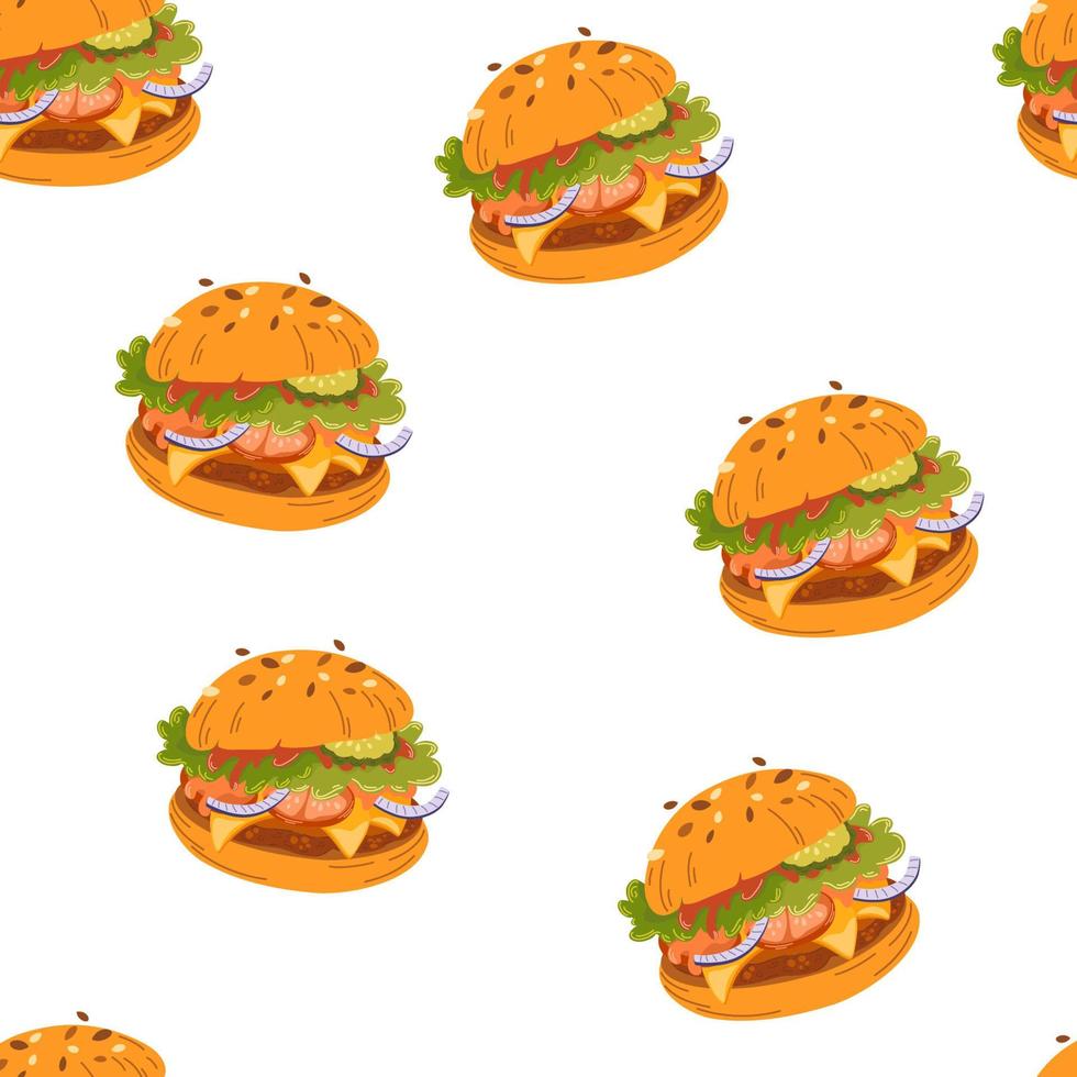 Hamburger seamless pattern. Meat background. Perfect for printing, cafe, menus and restaurants, textiles, gift wrapping paper. Hand drawn vector illustration