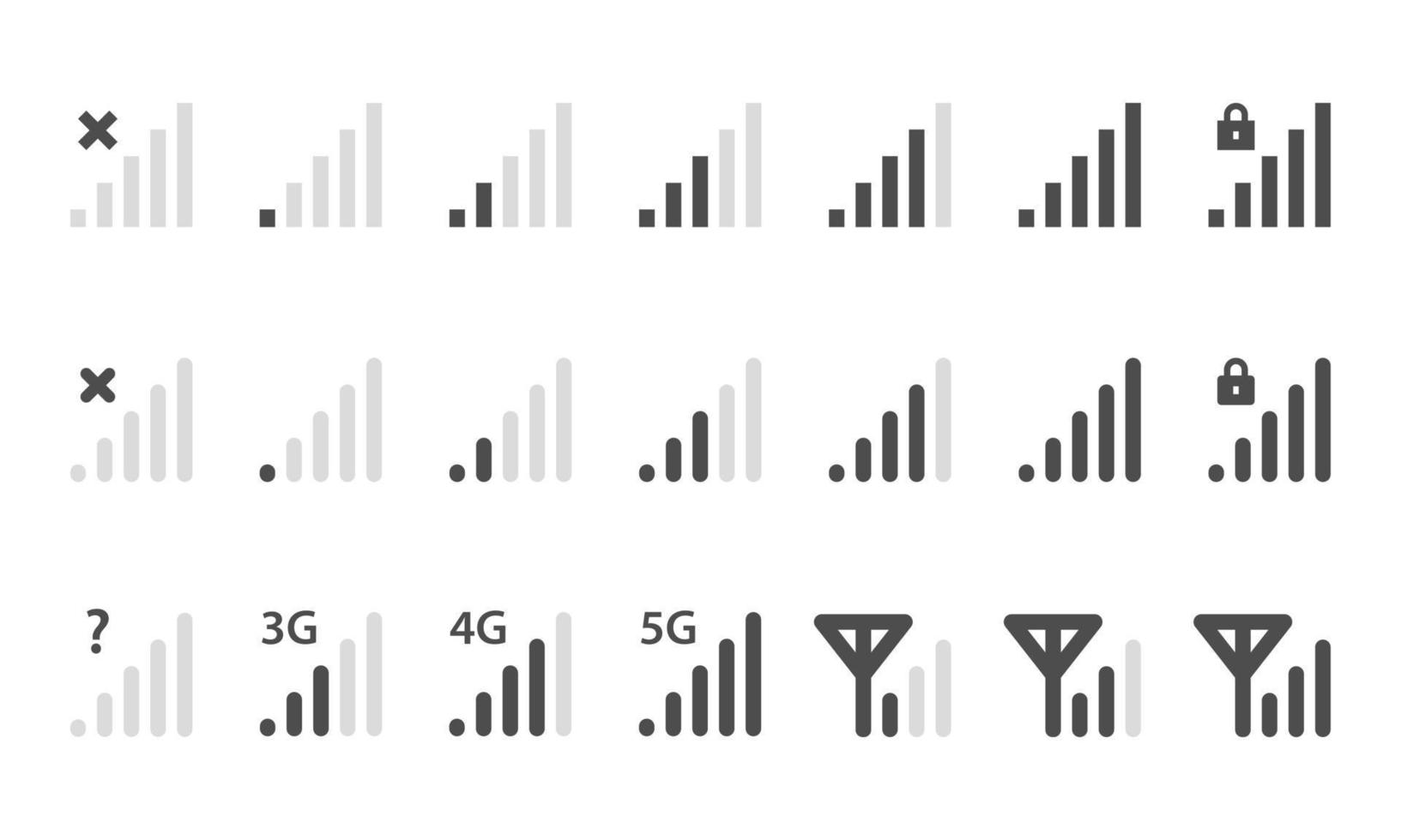 conjunto de iconos de señal celular. adecuado para la barra de señal del teléfono inteligente del elemento de diseño y el indicador de intensidad de la señal celular. vector