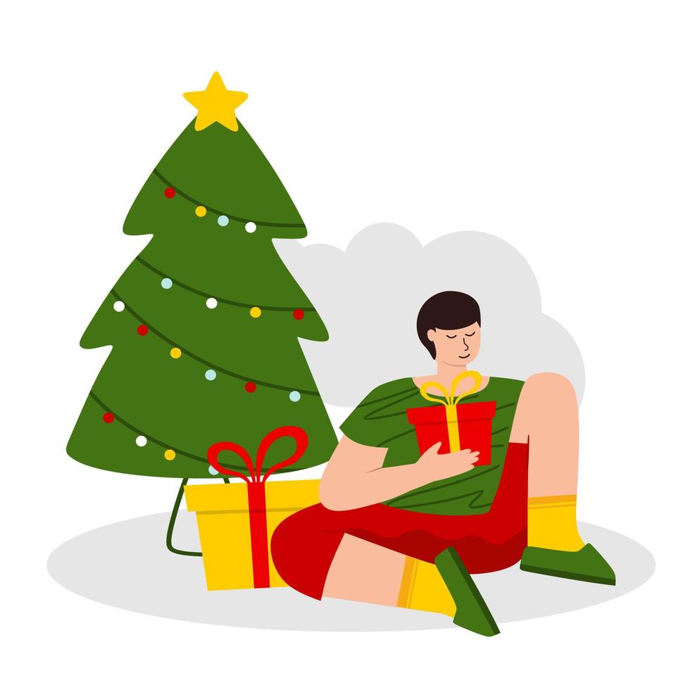 The boy opens gifts next to the Christmas tree. The concept of Christmas and New year. Vector illustration.