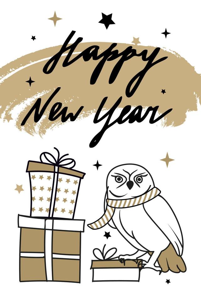 Handmade Christmas cards with lettering, owl, stars. Fashionable postcards in black and gold color. vector