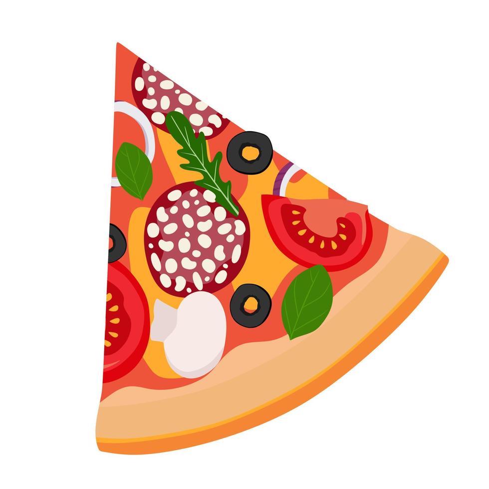 una rebanada de pizza con salami, cebollas, tomates y aceitunas. ilustración vectorial un concepto para pegatinas, afiches, postales, sitios web y aplicaciones móviles. vector