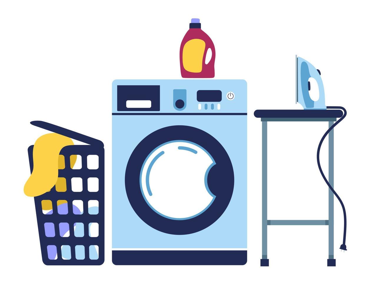 Laundry room. Washing in the washing machine. Ironing of linen. Vector illustration.