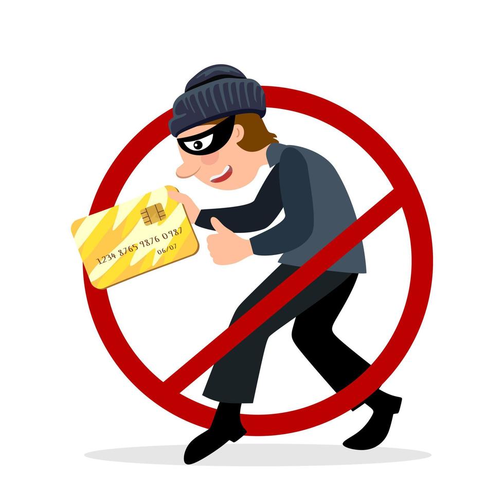 Online fraud. Cyber thief steals money, credit card details. Flat vector cartoon illustration.
