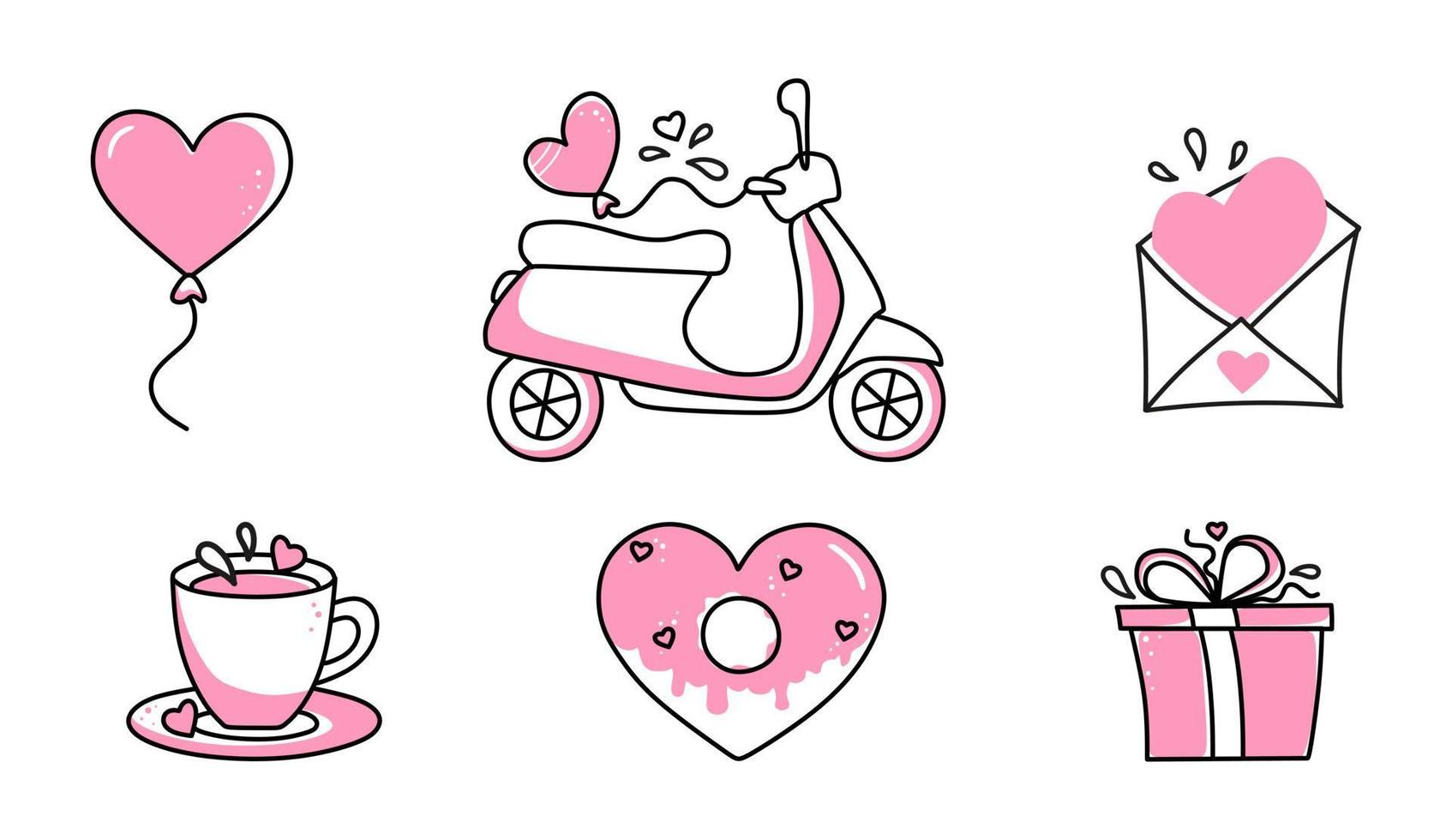 Vector set for Valentines Day. Hand-drawn love symbols in a linear style. Isolated on a white background.