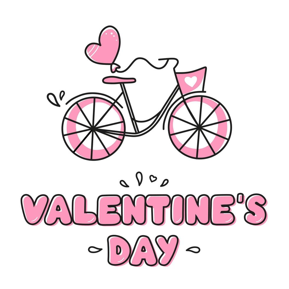 Calligraphic inscription happy Valentines Day with a bicycle, highlighted on a white background. Use on Valentines Day on textiles, wrapping paper, backgrounds, souvenirs. Vector illustration