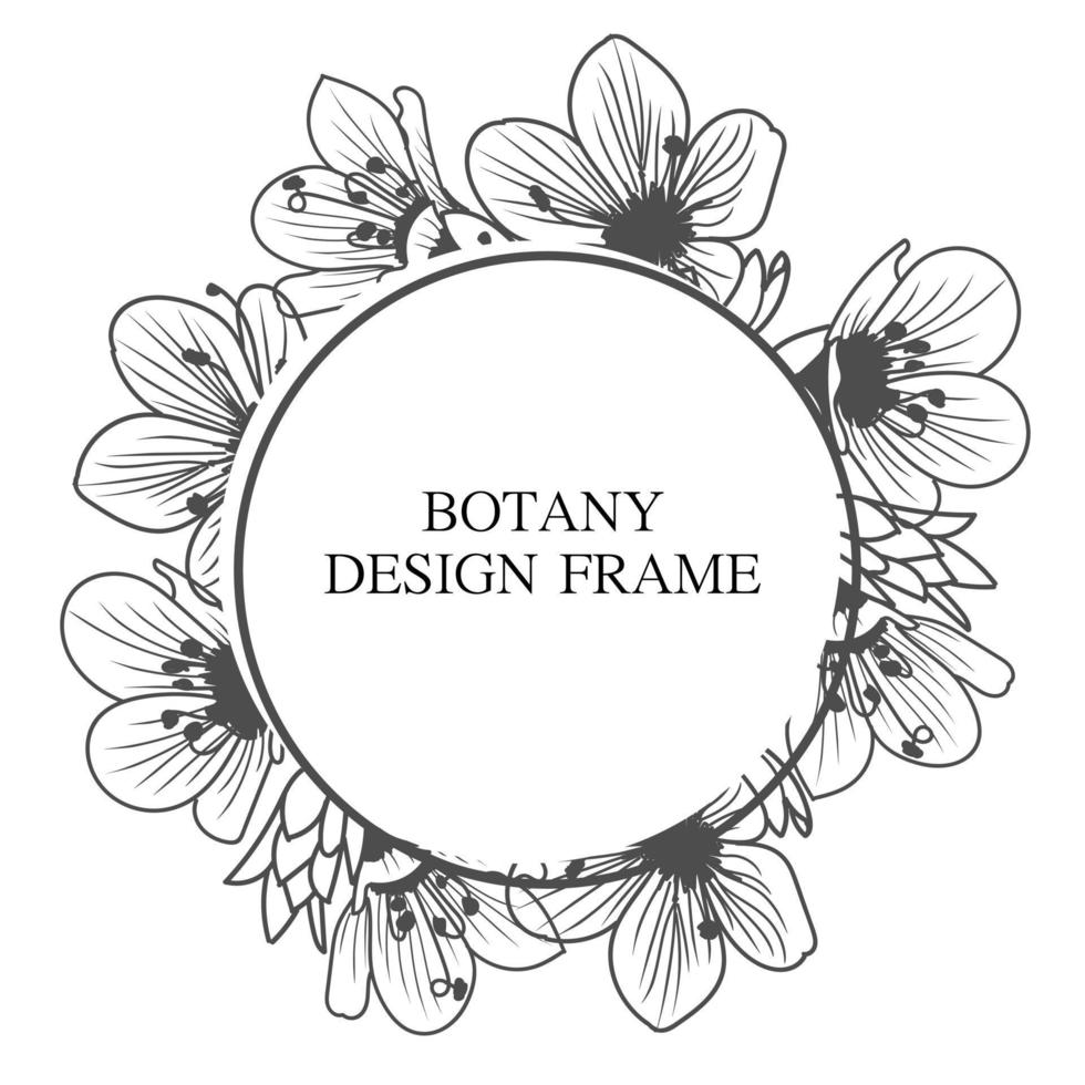 Geometric flower wreath with leaves and branches. Botany round frame isolated on white background. For wedding invitations, postcards, posters, labels of cosmetics and perfumes. vector