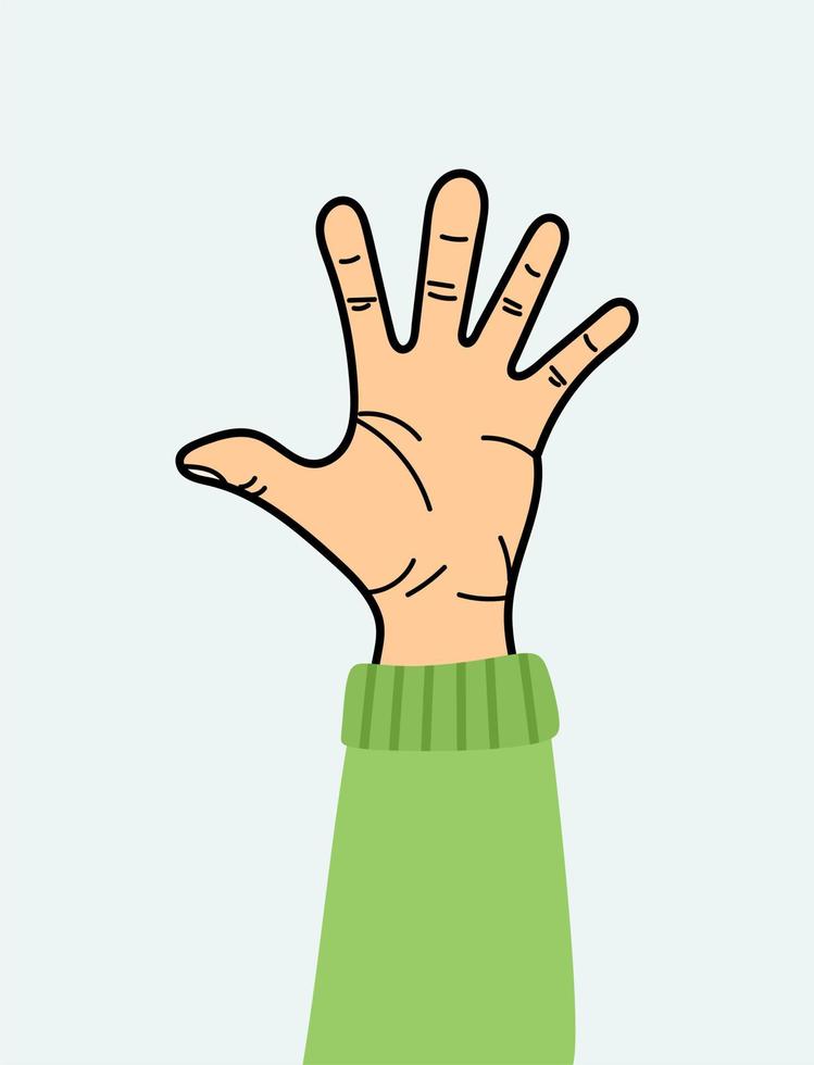 The hand gesture is an open palm and five fingers. For use on textiles, packaging paper, souvenirs, printing, posters, postcards. vector