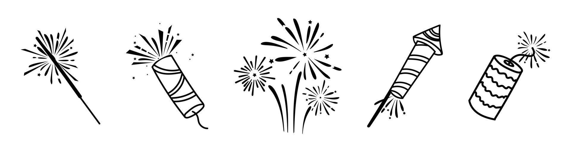 Firecrackers sparklers rocket launchers festive Christmas and New Year paraphernalia. Vector