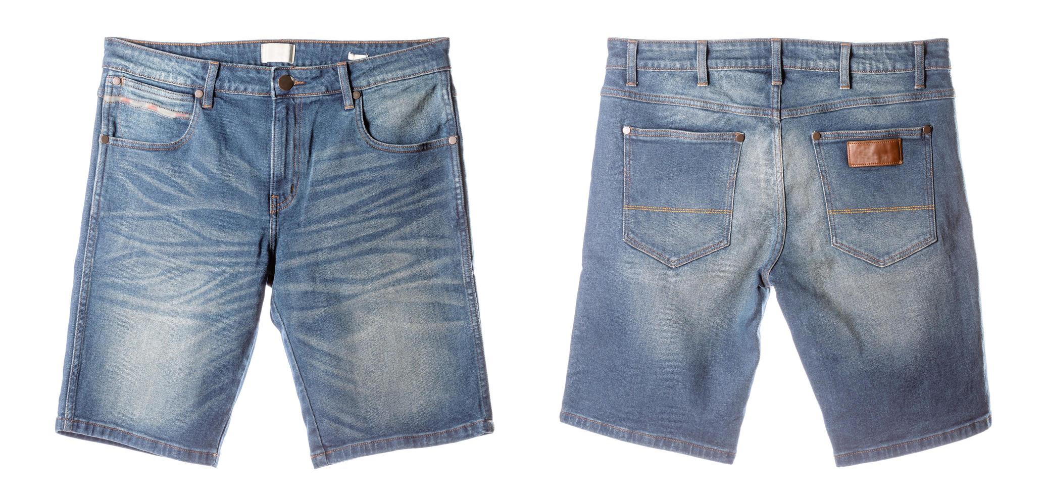 Front and back side of new men blue denim shorts isolated on white photo