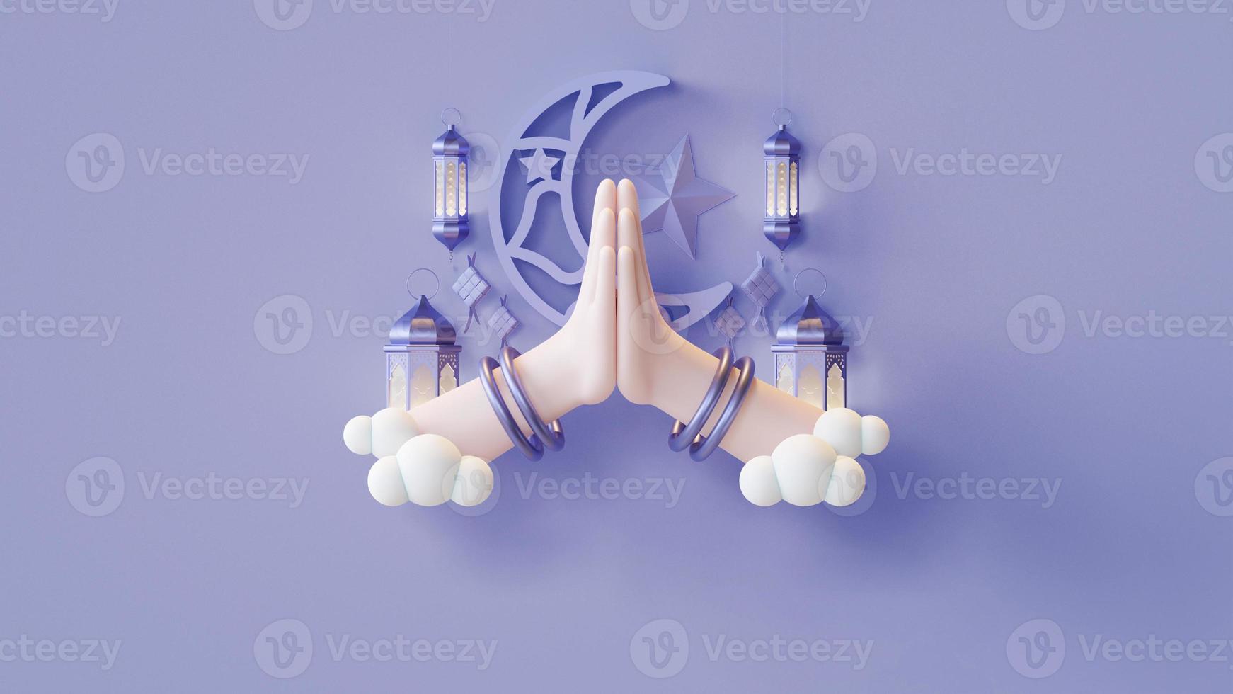 Eid Mubarak Template With Hand Gesture 3D Render Illustration photo
